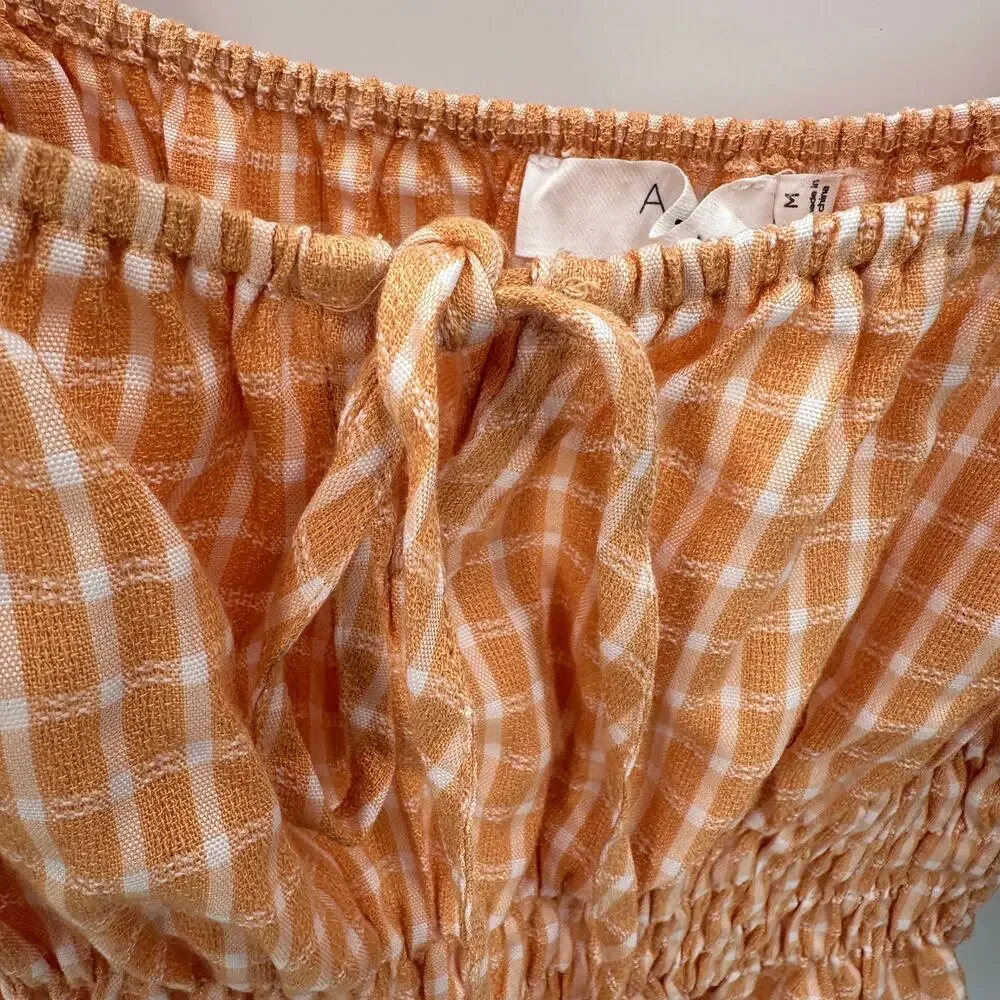 ASTR THE LABEL NWT Orange Plaid  Check Puff Sleeve Smocked Blouse // M